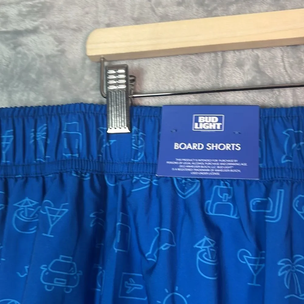 NWT New Bud Light Blue Swim Summer Board Trunks Shorts with Pockets Large